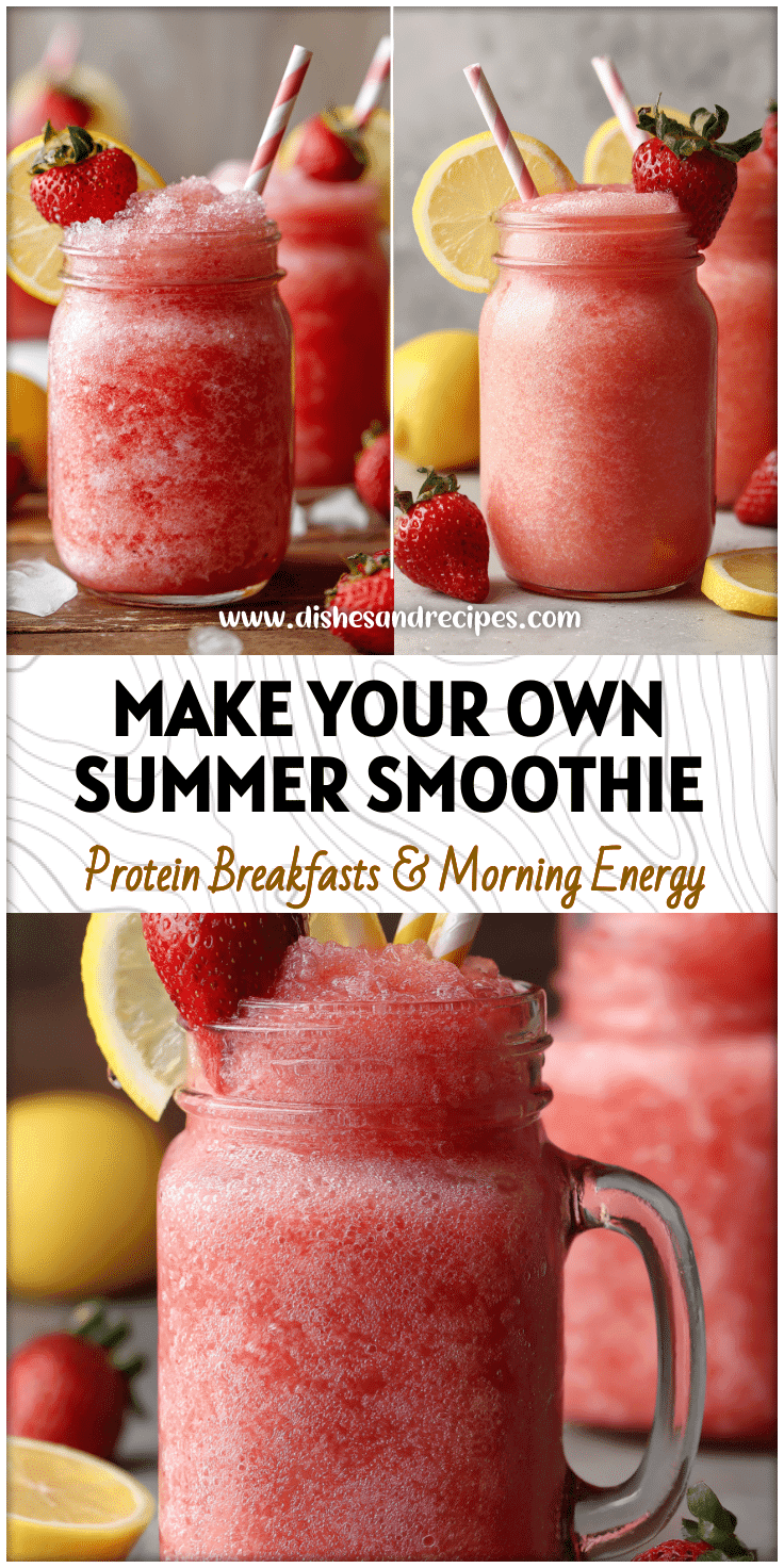 Homemade strawberry lemonade smoothie served in mason jar with straw and fruit garnish for summer frozen drink inspiration